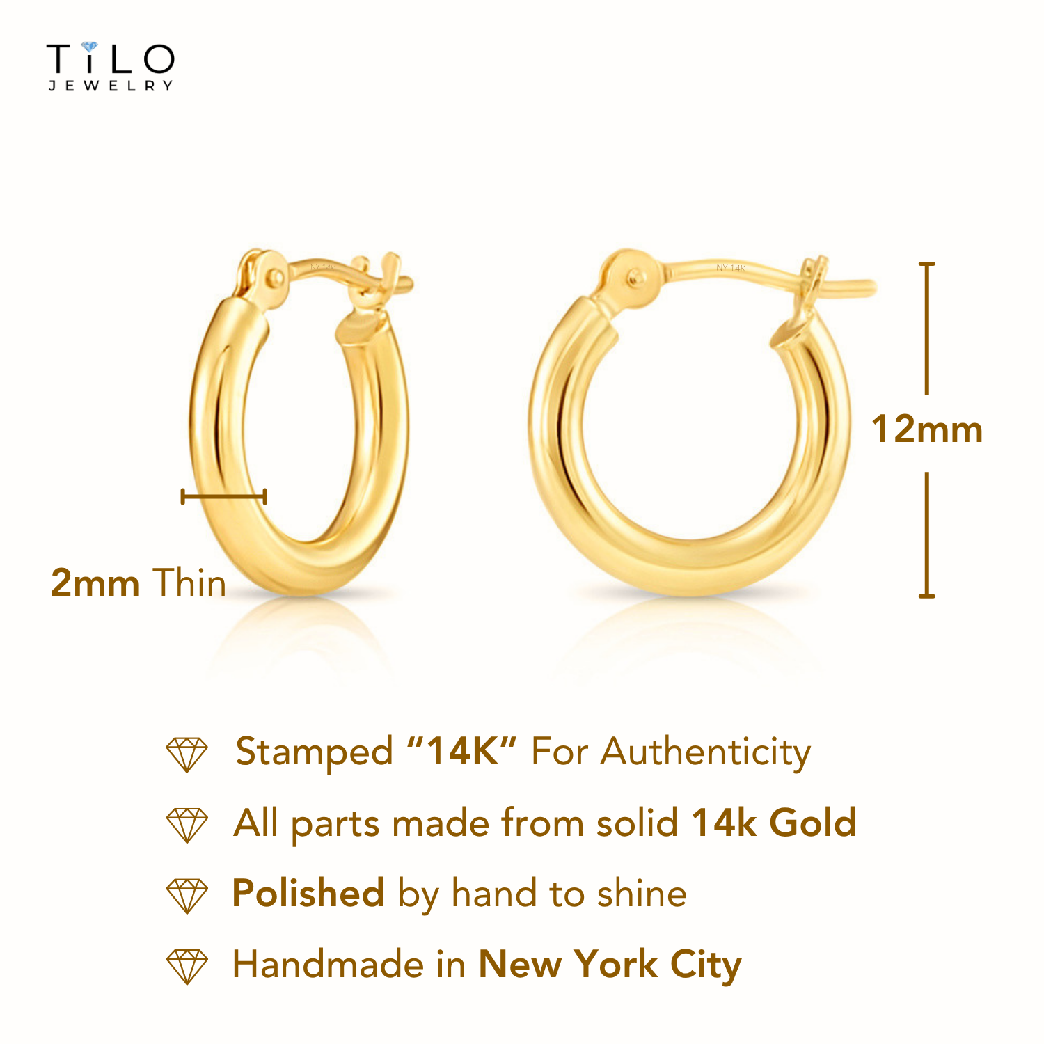 14K Gold Small Round Classic Hoop Earrings, 12mm
