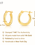 14K Gold Small Round Classic Hoop Earrings, 12mm