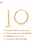 14K Yellow Gold Round Endless Hoop Earrings, 1.3mm Thin
