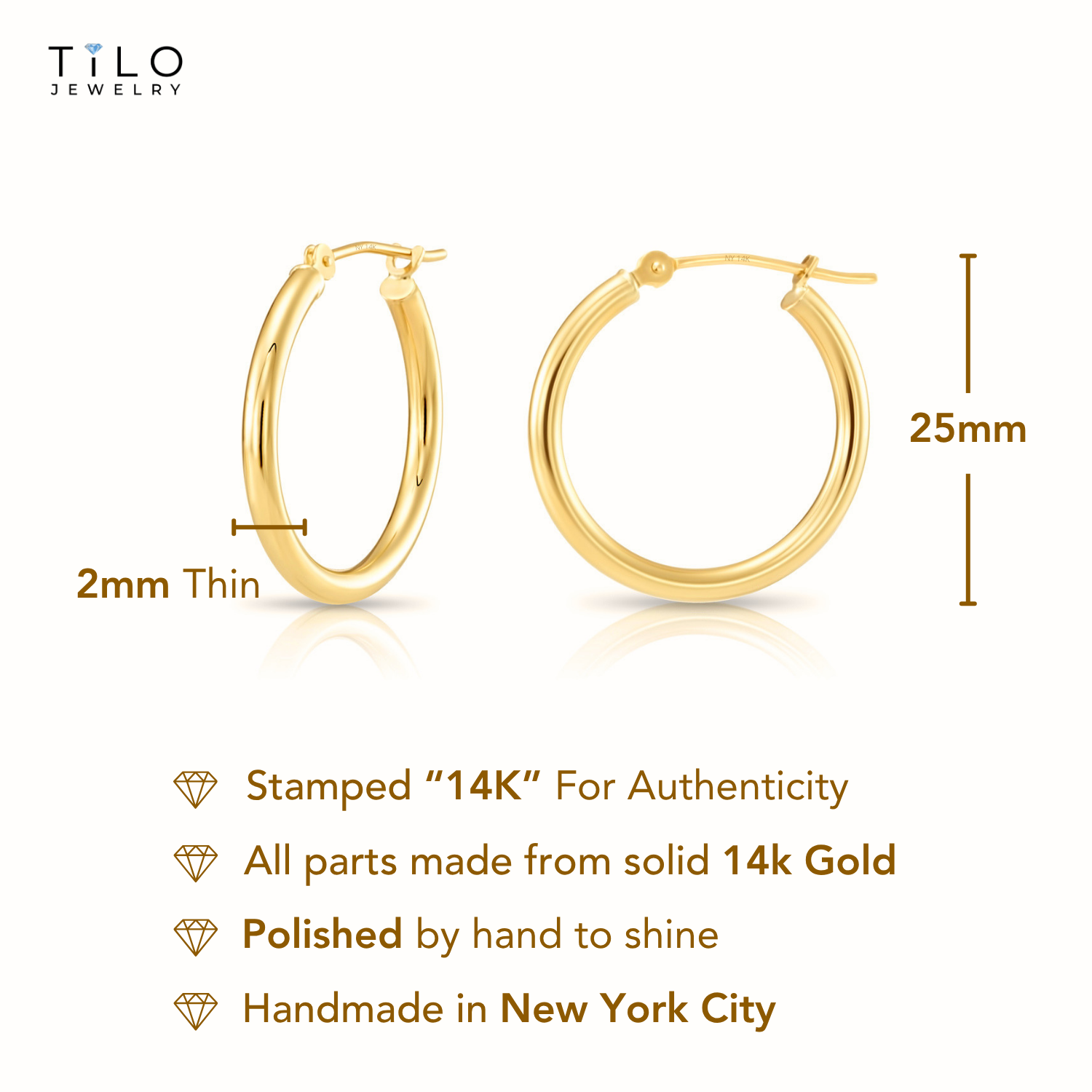 14K Gold Round Classic Hoop Earrings, 1 Inch