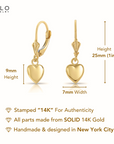 14K Yellow Gold Heart Drop Dangle Earrings