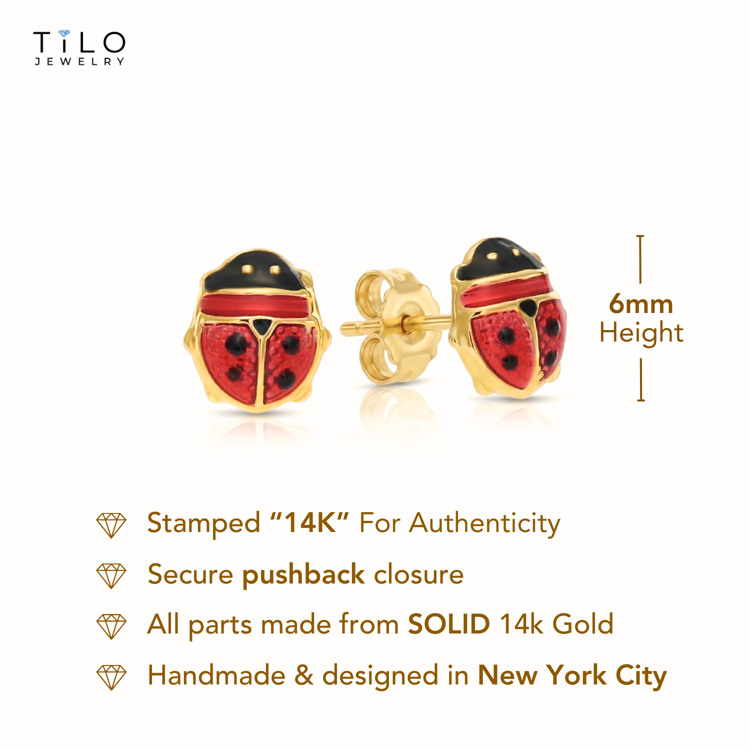 14K Yellow Gold Red Ladybug Studs, Pushback