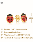 14K Yellow Gold Red Ladybug Studs, Pushback