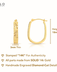 14K Yellow Gold Fancy Diamond-Cut U-Shape Oval Hoop Earrings