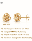 14k Gold Love Knot Stud Earrings with Hand Engraved Diamond Cuts, 9mm, Pushback Studs