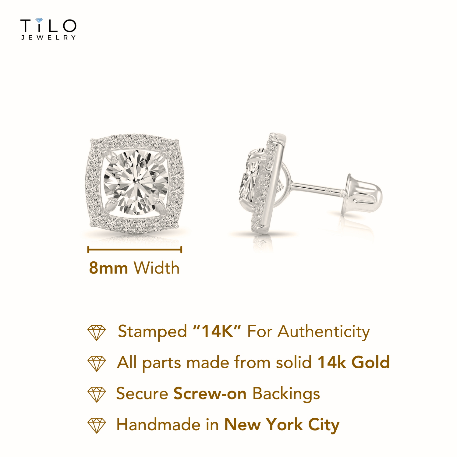 14K White Gold Halo CZ Stud Earrings, Screwback