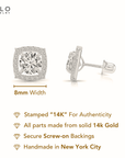 14K White Gold Halo CZ Stud Earrings, Screwback