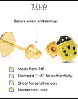 14k Yellow Gold Small Ladybug Stud Earrings, Yellow Ladybug Screw on Studs For Children