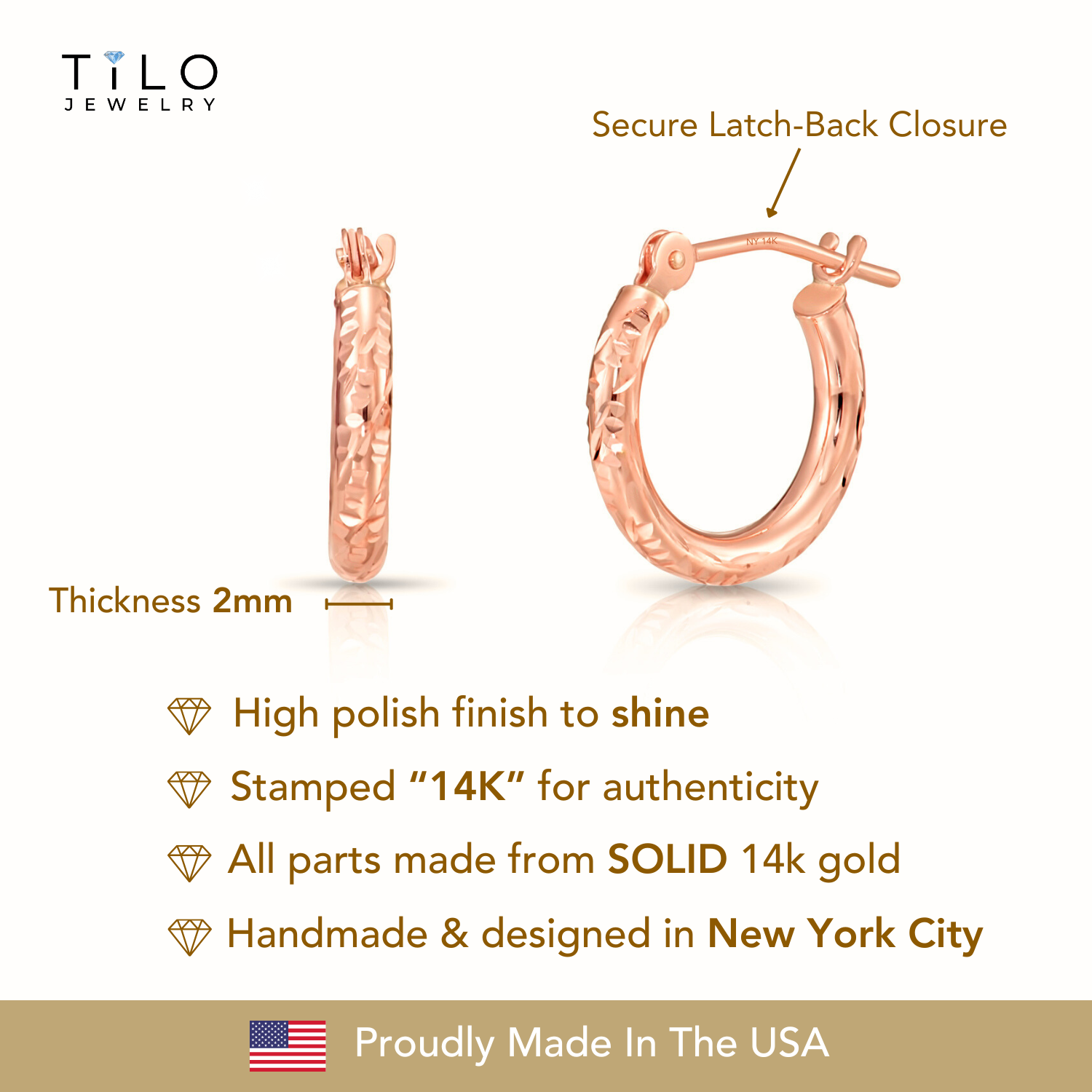 14k Rose Gold Tornado Diamond Cut Hoop Earrings, 2mm Thin