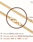 14K Gold Plated Italian Franco Chain Bracelet, Solid Sterling Silver, With Lobster Lock, 7 Inches