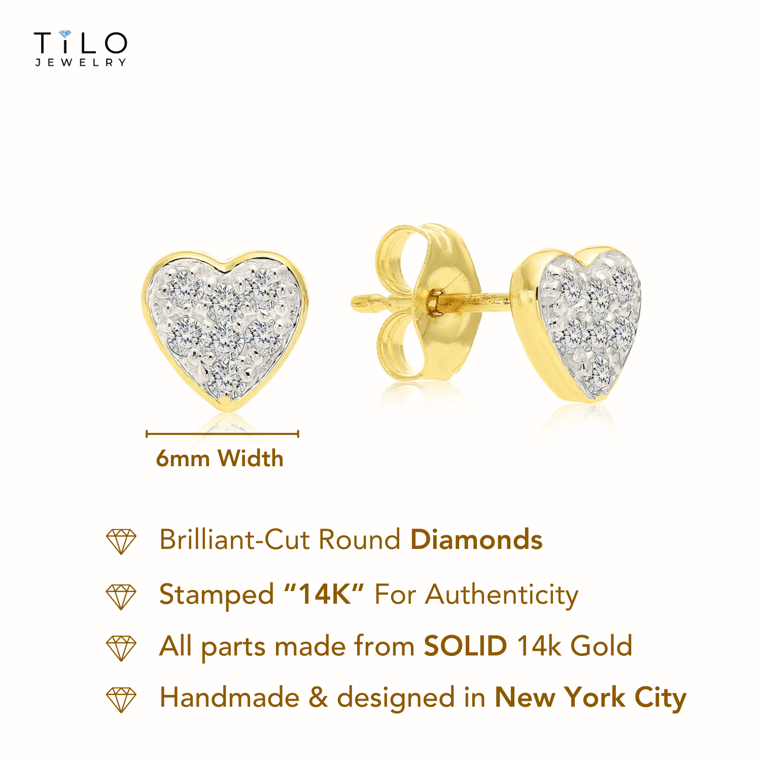 14K Yellow Gold Natural Diamond Heart Stud Earrings, 0.12ctw