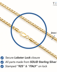 14K Gold Plated Italian Box Chains, Solid Sterling Silver, With Lobster Lock