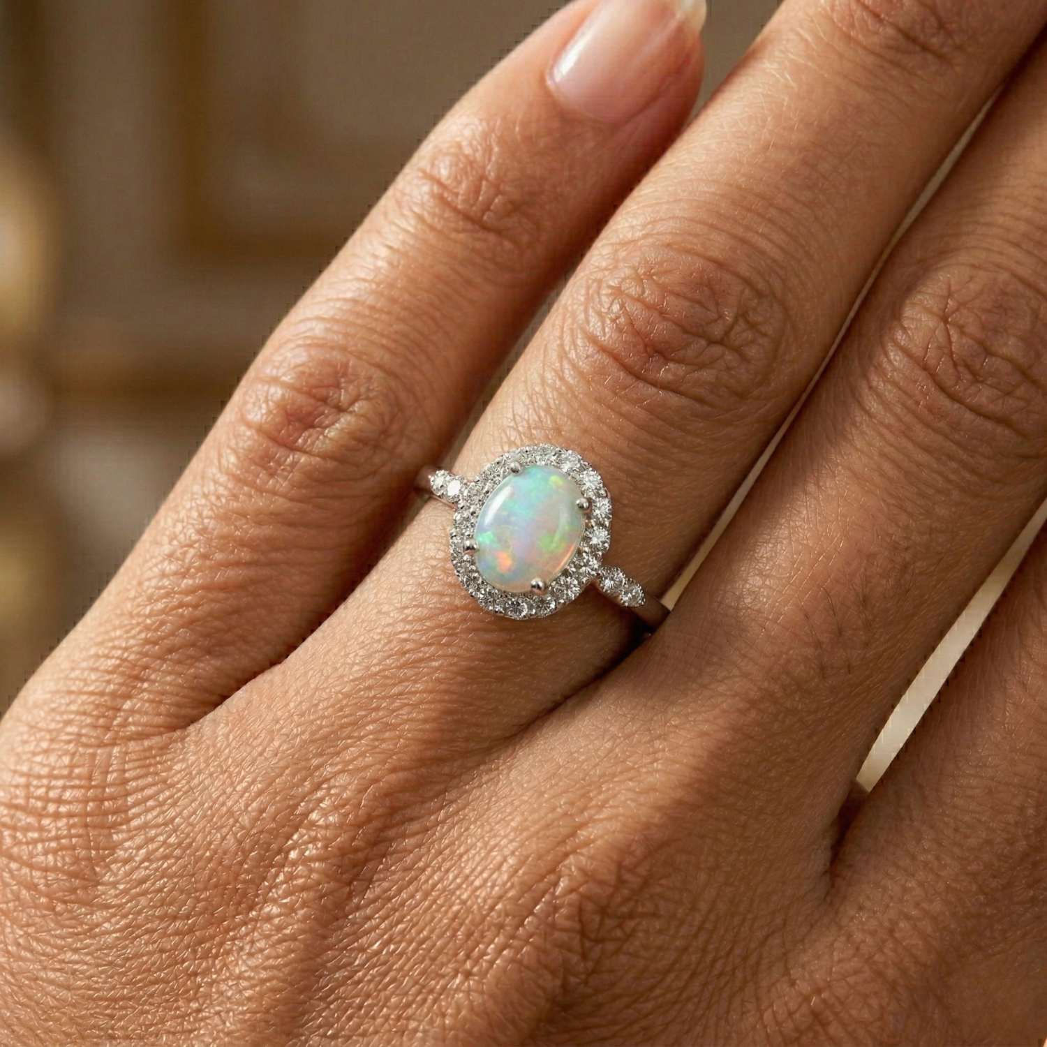 Sterling Silver Fire Opal Oval Ring, With CZ Halo