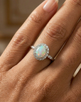 Sterling Silver Fire Opal Oval Ring, With CZ Halo