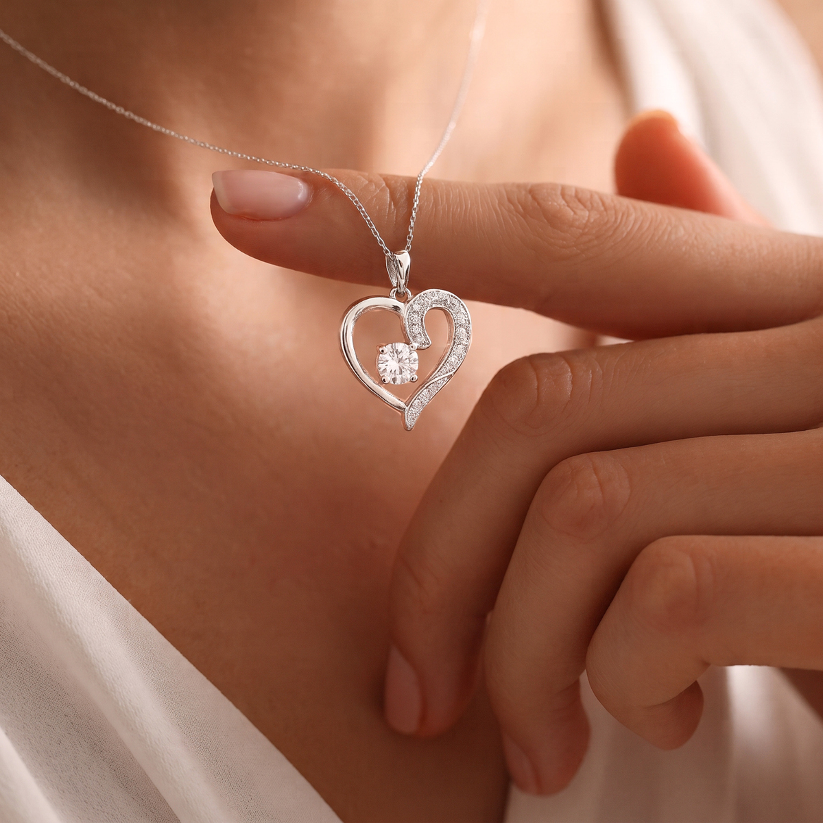Sterling Silver Open Heart Solitaire CZ Pendant Necklace