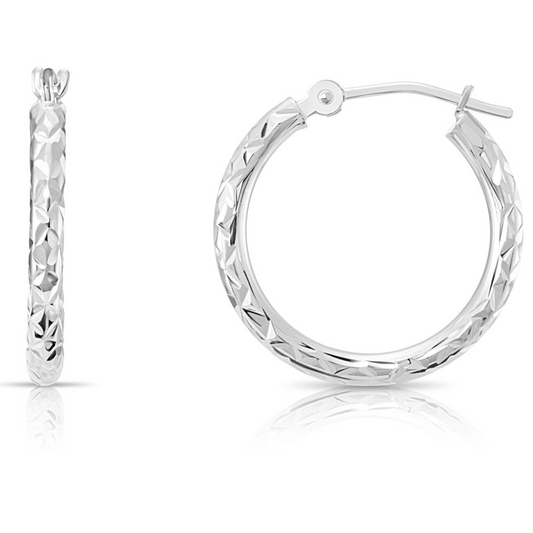 14K White Gold Diamond-cut Round Hoop Earrings, Hand Engraved X Diamond-cut Round Hoop Earrings, Small Medium Large Hoops, By TILO Jewelry