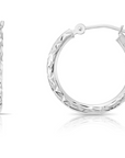 14K White Gold Diamond-cut Round Hoop Earrings, Hand Engraved X Diamond-cut Round Hoop Earrings, Small Medium Large Hoops