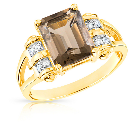 Natural Smokey Quartz Gemstone Ring, 14k Solid Yellow Gold Ring with Real Natural Diamonds, By TILO Jewelry