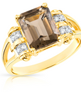 Natural Smokey Quartz Gemstone Ring, 14k Gold Ring with Natural Diamonds