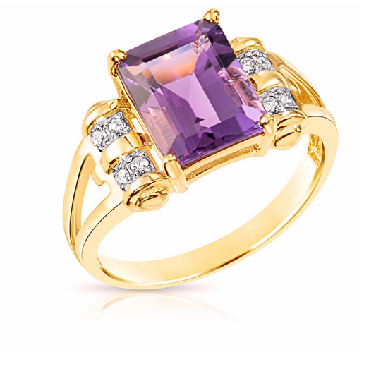 Natural Amethyst Gemstone Ring, 14k Solid Yellow Gold Ring with Real Natural Diamonds, By TILO Jewelry