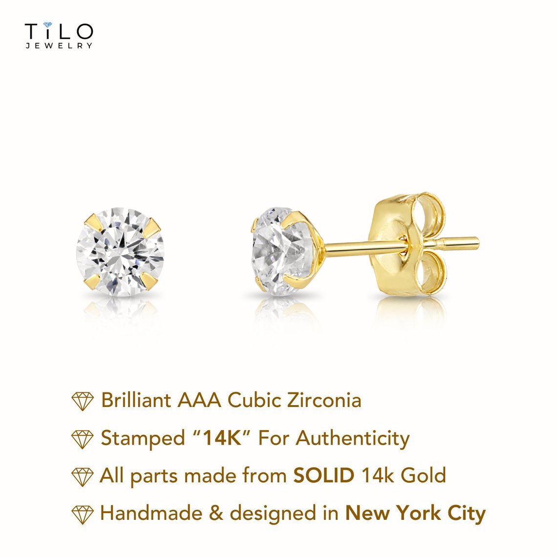 14K Yellow Gold And White Gold Stamping Zirconia Stud Earrings, Dainty Everyday Earrings
