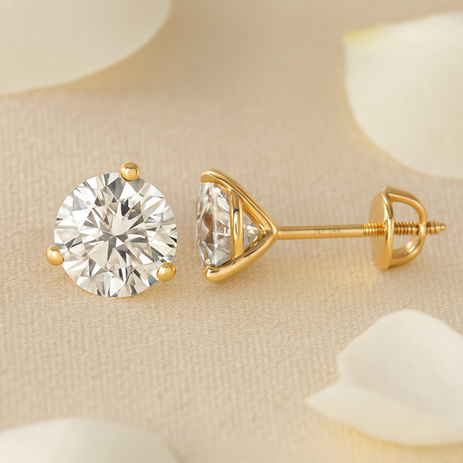 14K Yellow Gold Brilliant-Cut Lab Diamond Studs, Classic Martini 3-Prong Setting, Screwback