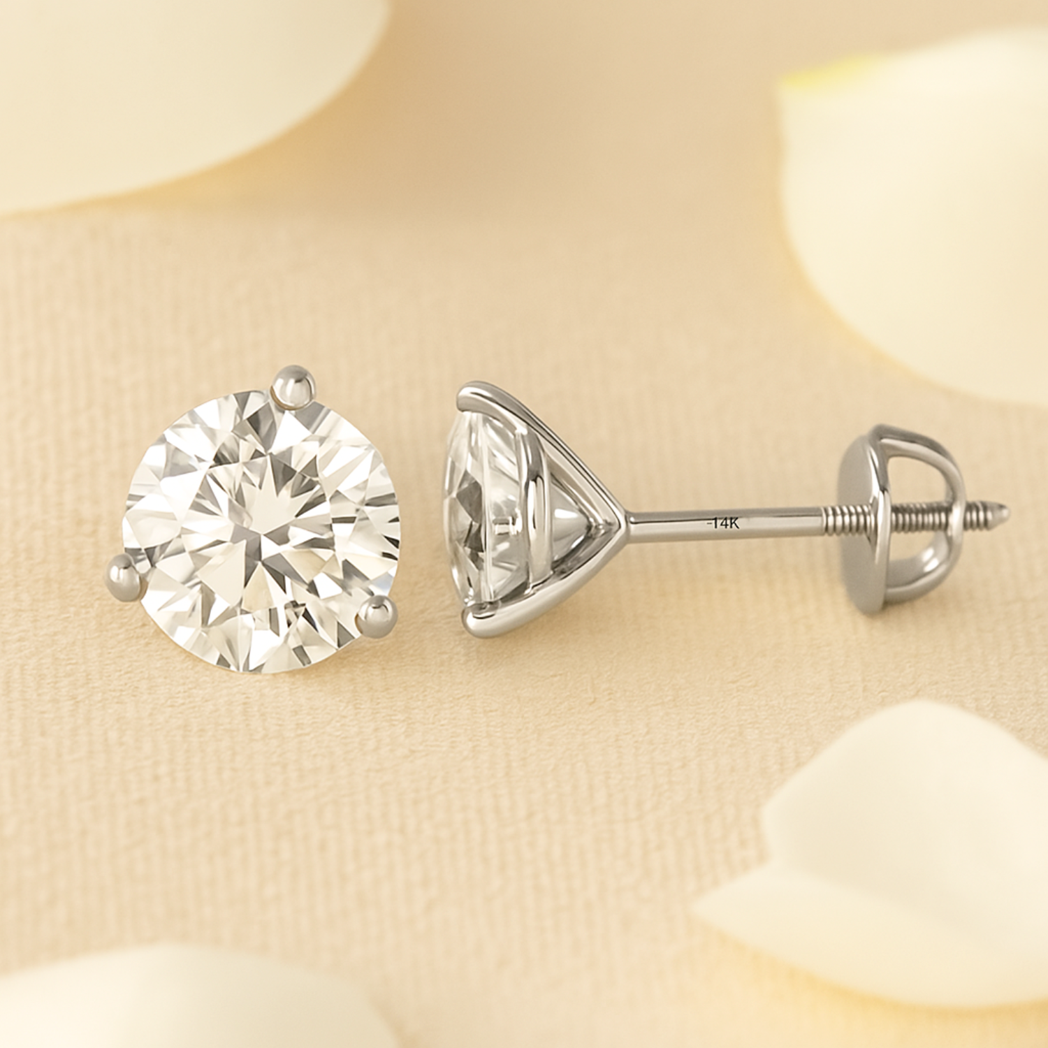 14K White Gold Brilliant-Cut Lab Diamond Studs, Classic Martini 3-Prong Setting, Screwback
