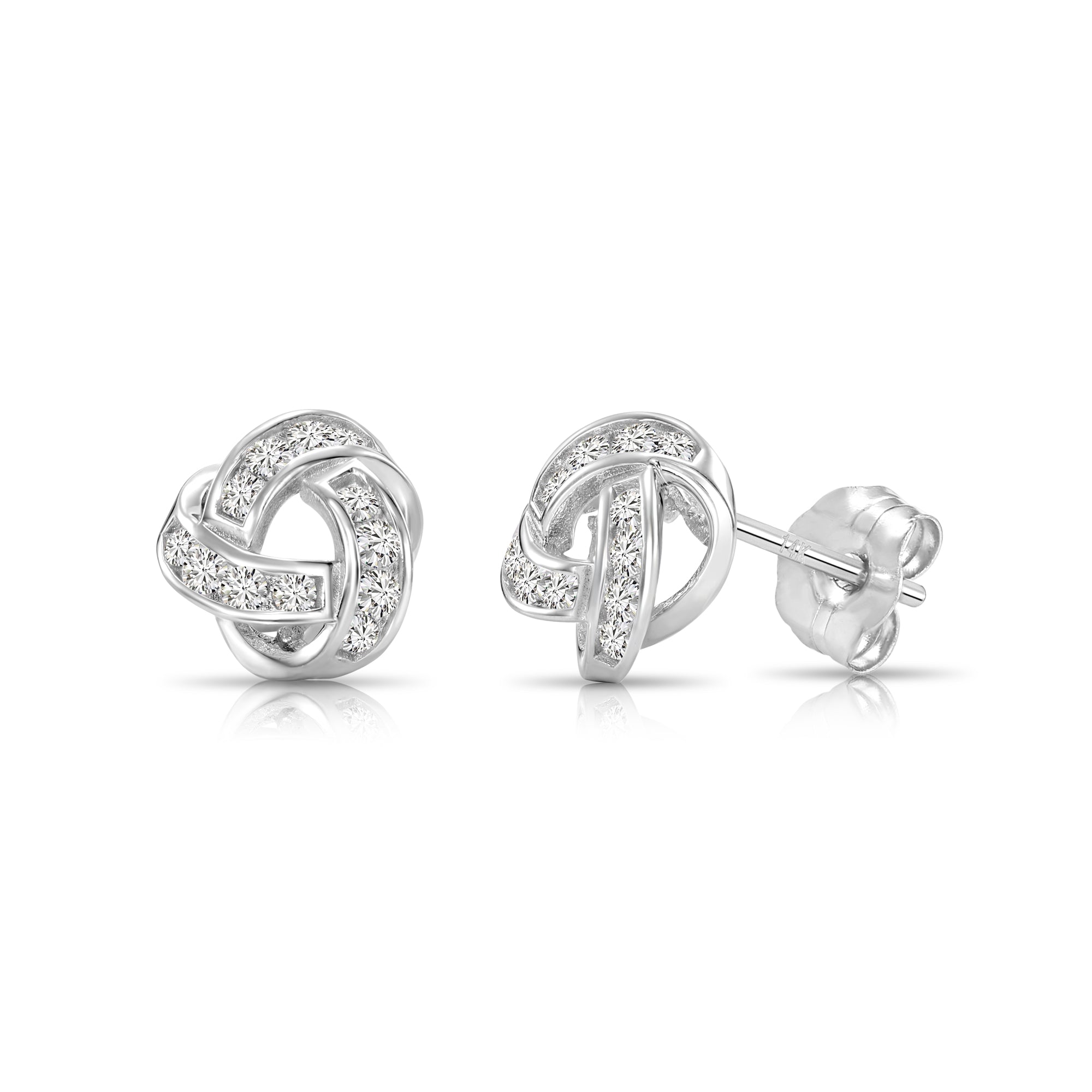 Solid 14k Gold Brilliant CZ Love Knot Twist Studs, 7mm, With Pushbacks