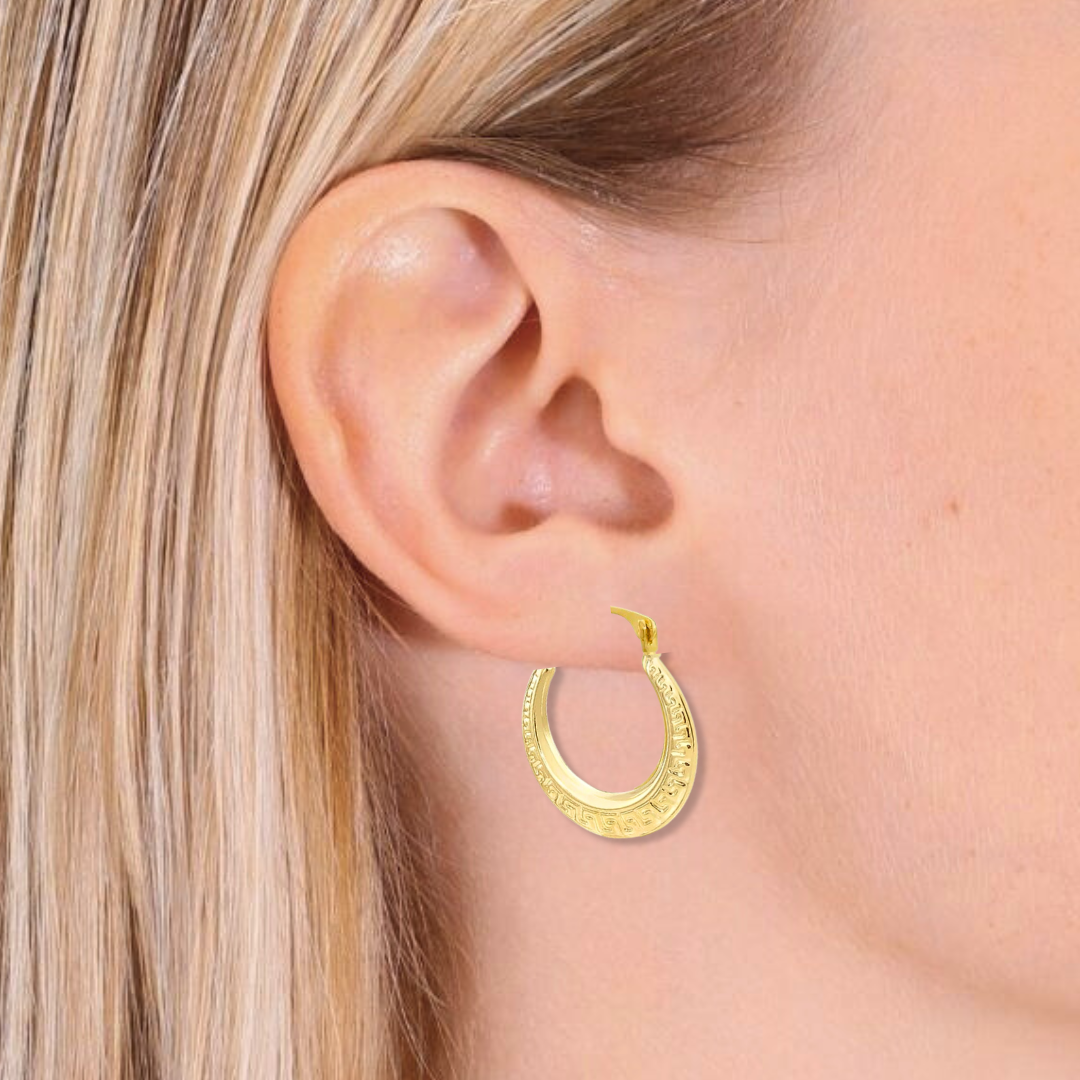 10K Real Solid Yellow Gold Greek Key Curved Round Creole Hoops Earrings 18MM, By TILO Jewelry