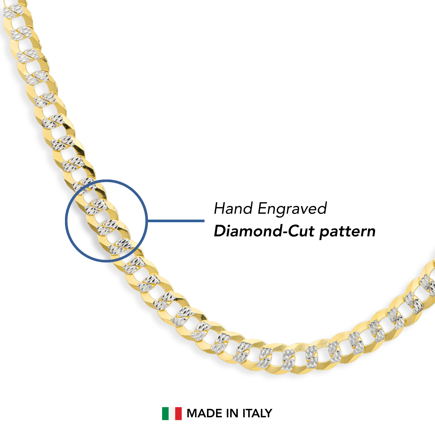 Sterling Silver Curb Chains, Two-Tone Italian Necklace, With Engraved Diamond-Cuts