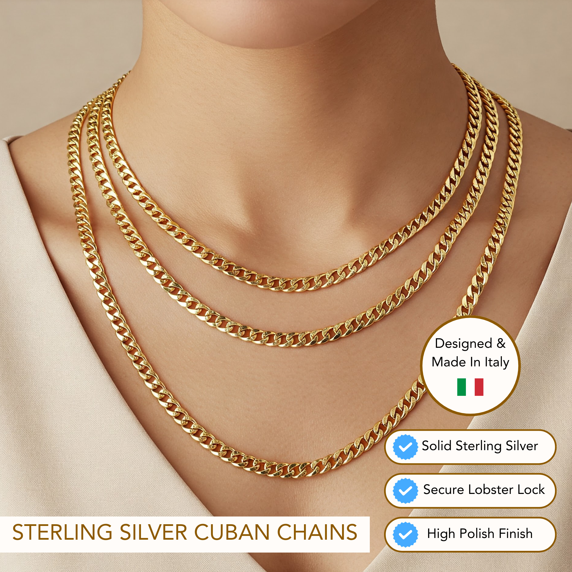 Italian 14k Gold Plated 5mm Cuban Chains with Strong Lobster Lock in Sterling Silver
