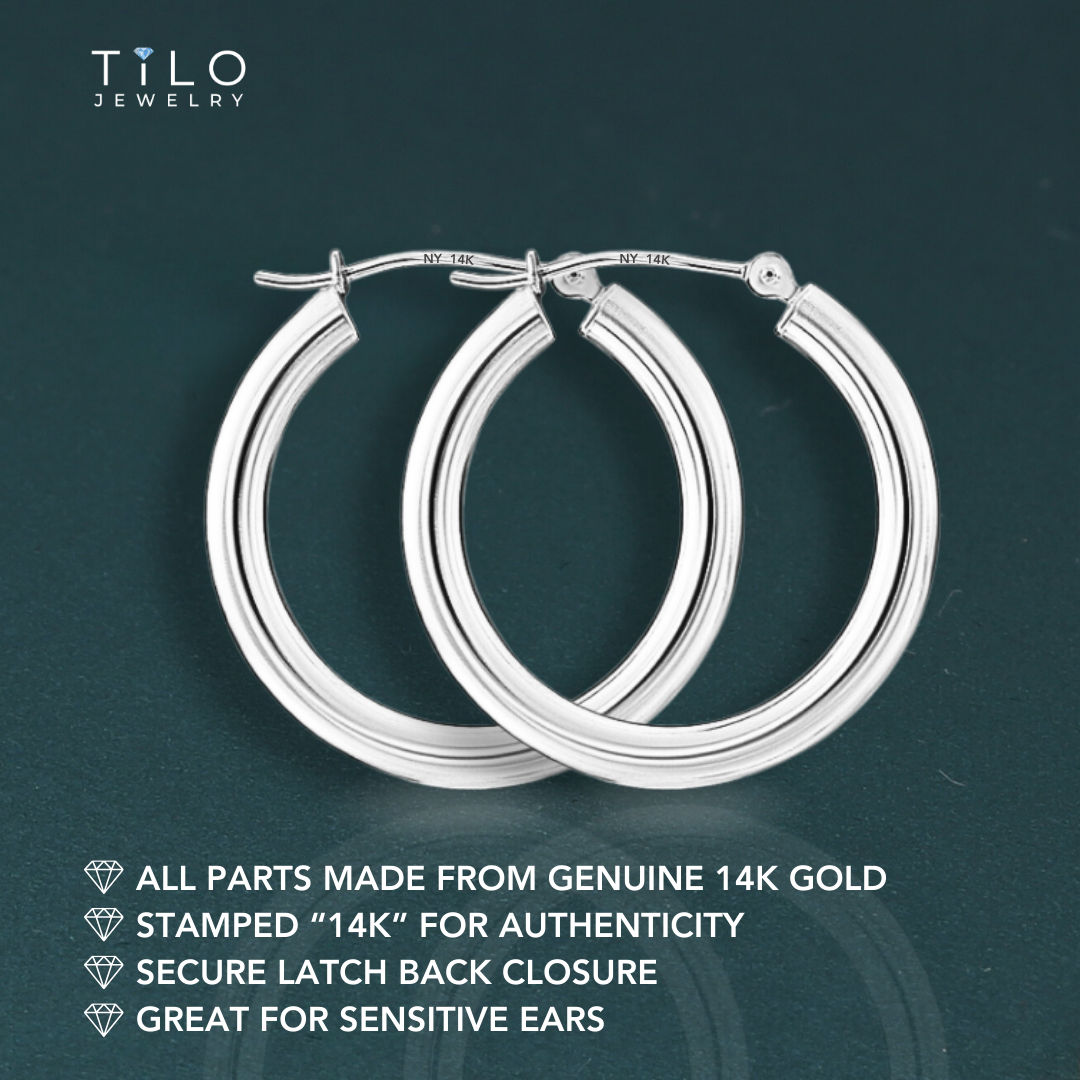 14k White Gold Chunky Hoop Earrings, 3mm Thickness