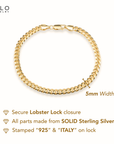 925 Sterling Silver Gold Plated Miami Cuban Link Bracelet, 5mm Thick