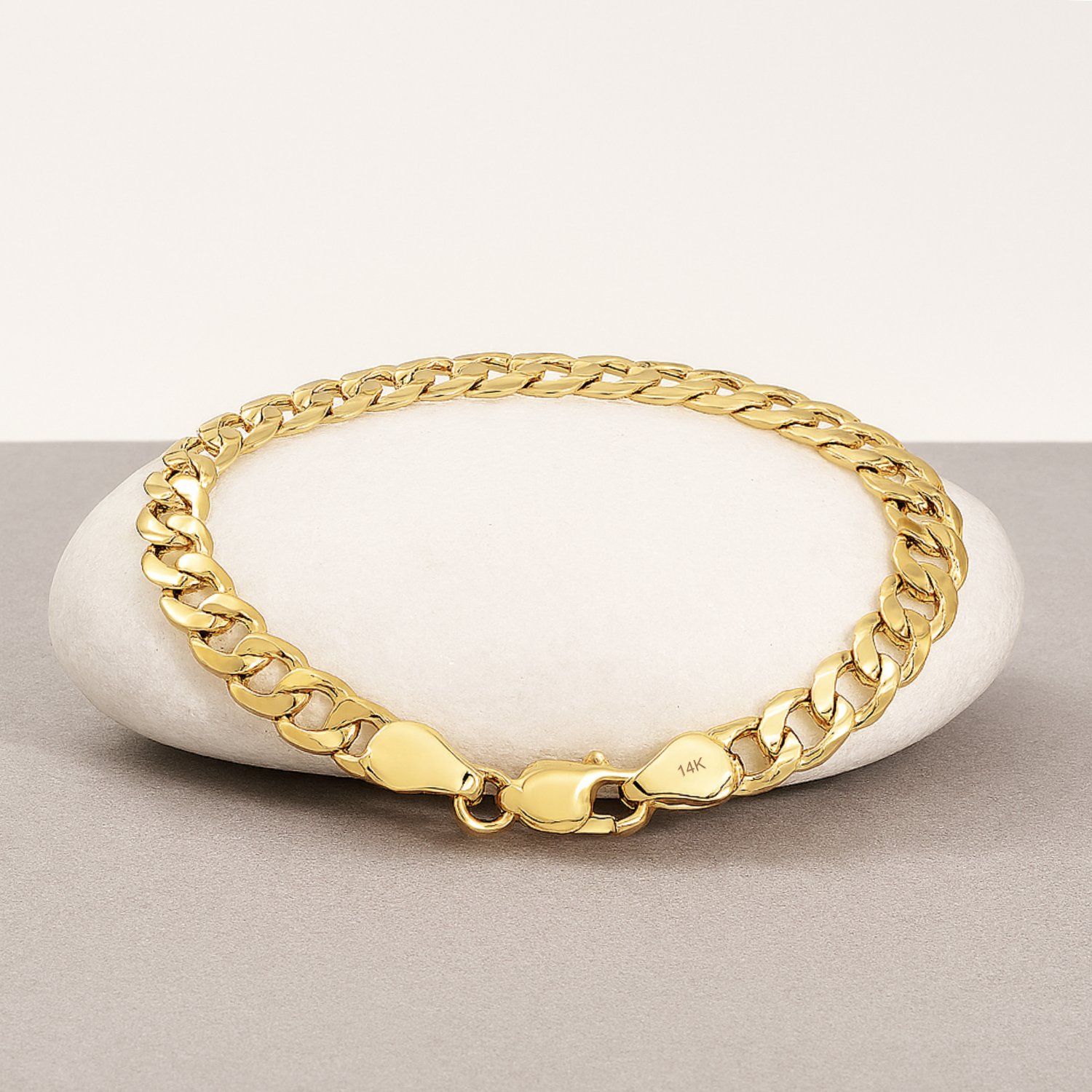 14K Solid Yellow Gold Curb Link Chain Bracelet, 7 Inches