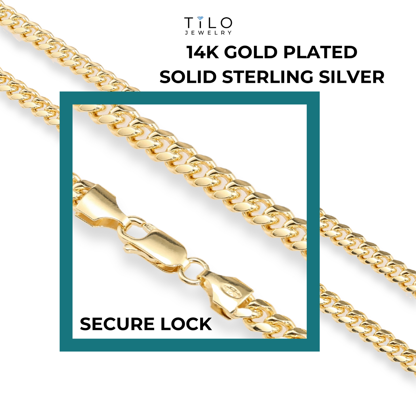 14k Gold Plated 5mm Cuban Chains, Italian 925 Solid Sterling Silver, Strong Lobster Lock
