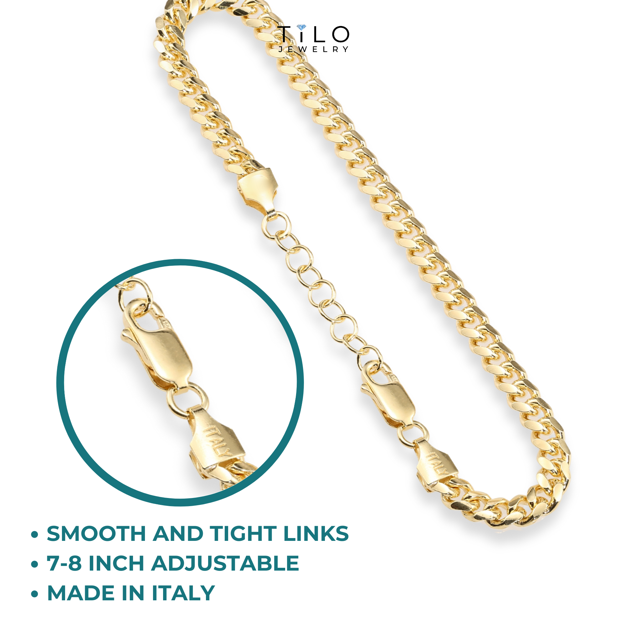 Miami Cuban Bracelet Dipped in 14k Yellow Gold, Solid Bracelet Available in 8 Inches or Adjustable Length 7 - 8 inches, Made In Italy in Sterling Silver