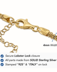 925 Sterling Silver Gold Plated Italian Multi-Row Cable Chain Bracelet, Adjustable 7"-8"