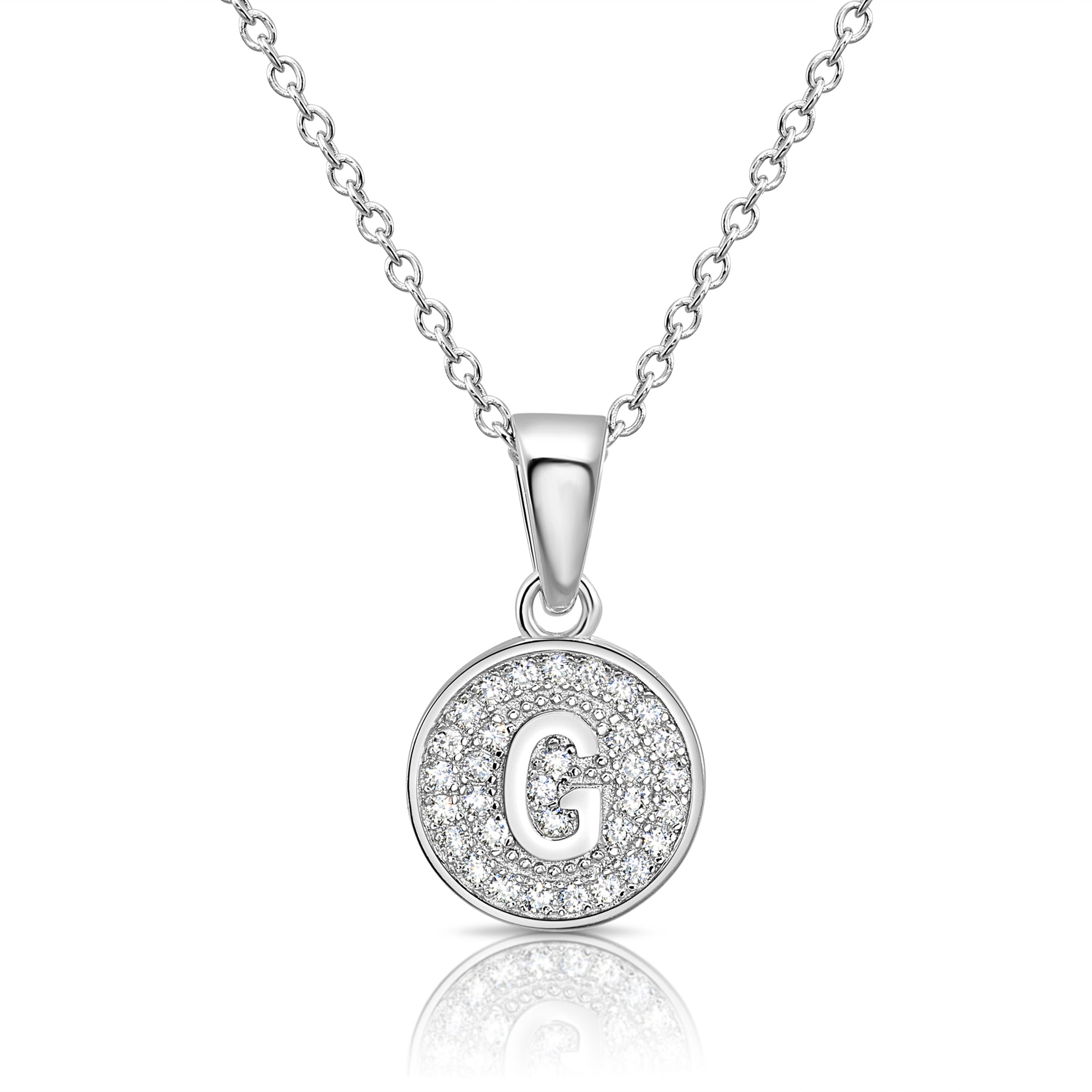 CZ Initial Round Charm Necklace (Letters A-Z) 16&quot; 18&quot; in Sterling Silver