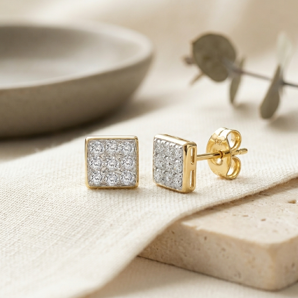 14K Yellow Gold Natural Diamond Square Stud Earrings, 0.15ctw