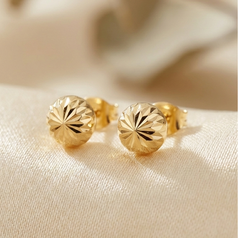 14K Gold Diamond-Cut Half Ball Stud Earrings With Pushbacks