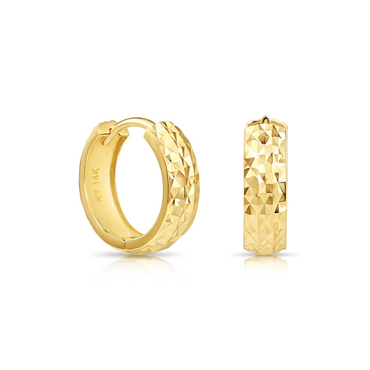 14K Gold Hand Engraved Huggies, Dainty 13mm Gold Earrings