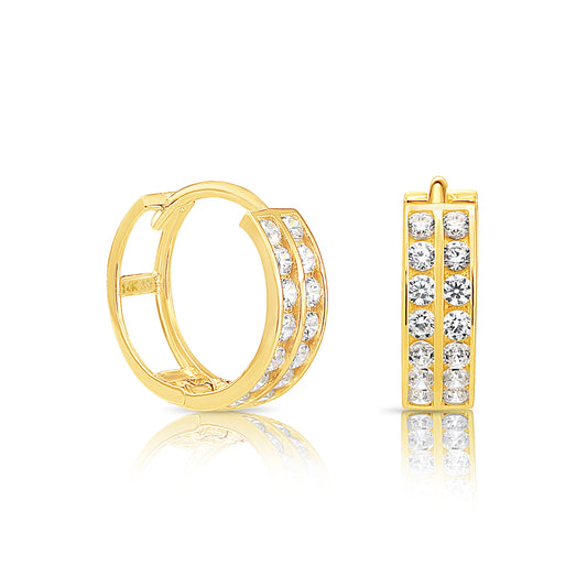 14K Gold Huggie Earrings, Double Row CZ Hoops