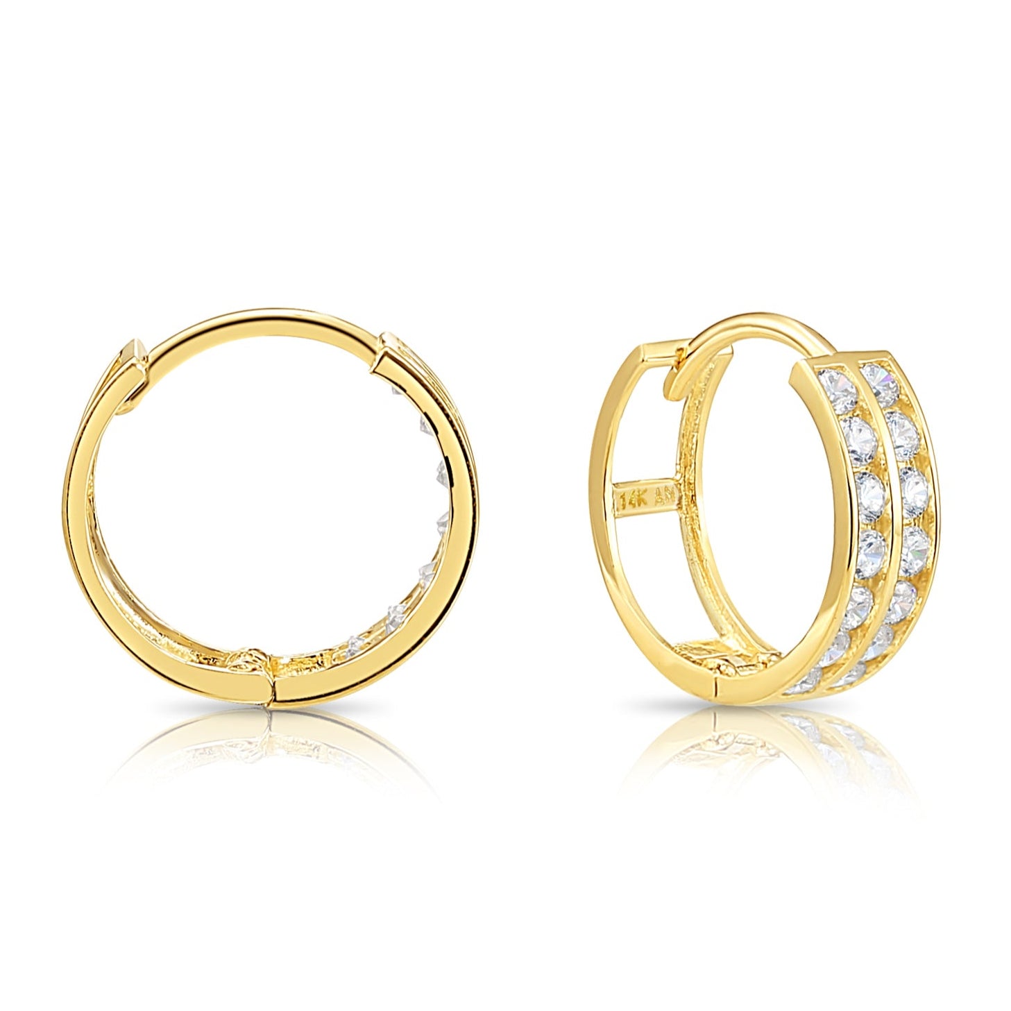 CZ  14K Gold Huggie Earrings, Double Row CZ Hoops