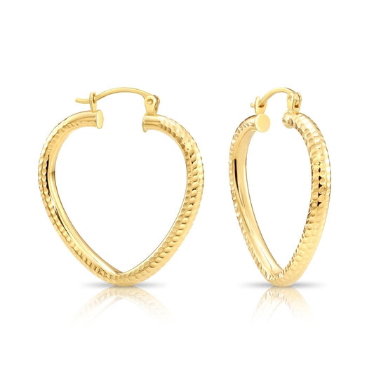 14k Yellow Gold Heart Hoop Earrings, Medium Hoops With Engravings, Diamond-Cut Design #11