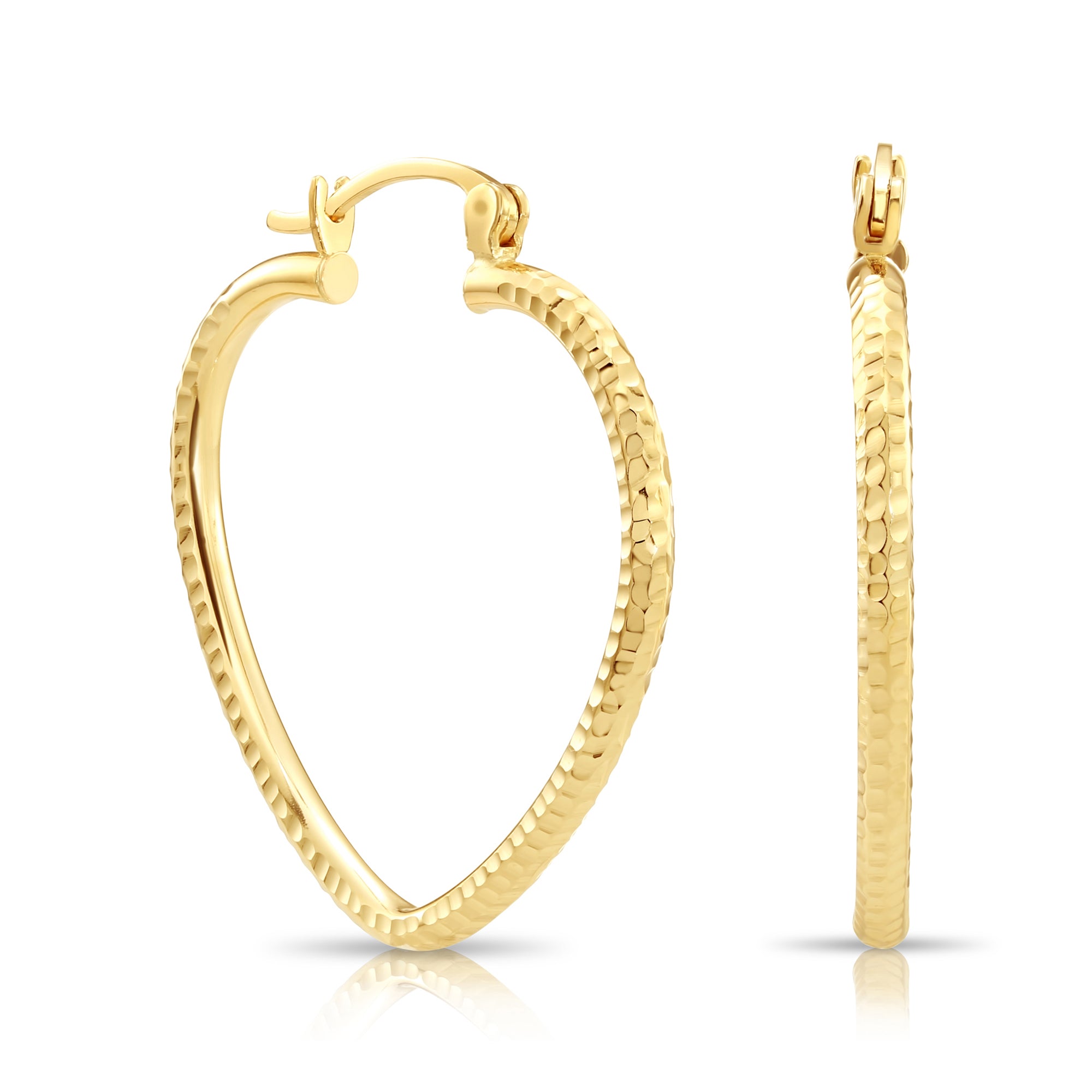 14k Yellow Gold Heart Hoop Earrings, Medium Hoops with Engravings, Diamond-Cut Design 