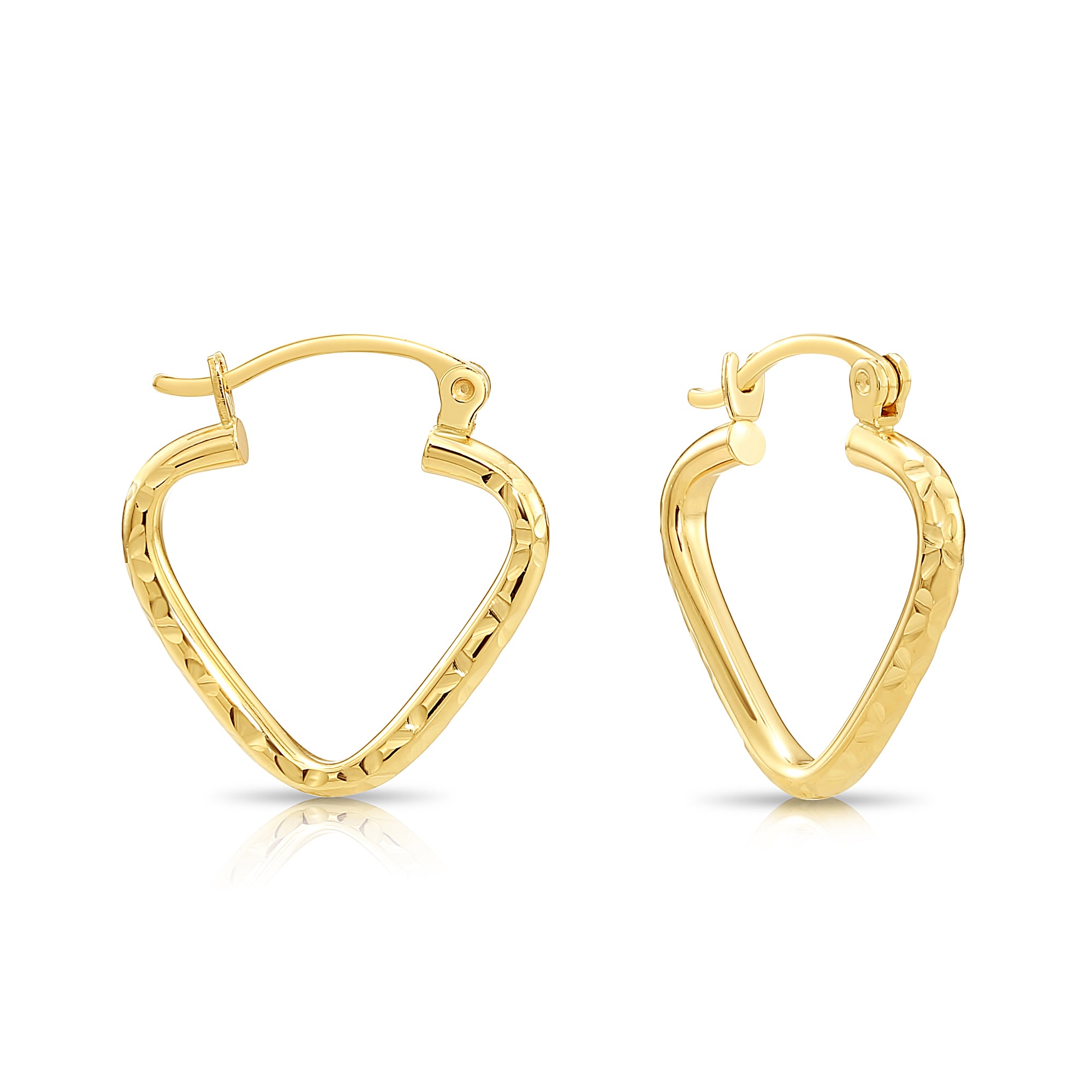 14k Yellow Gold Heart Hoop Earrings, Small Hoops with Diamond-Cut Engravings, Design 