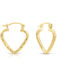 14k Yellow Gold Heart Hoop Earrings, Small Hoops with Diamond-Cut Engravings, Design 