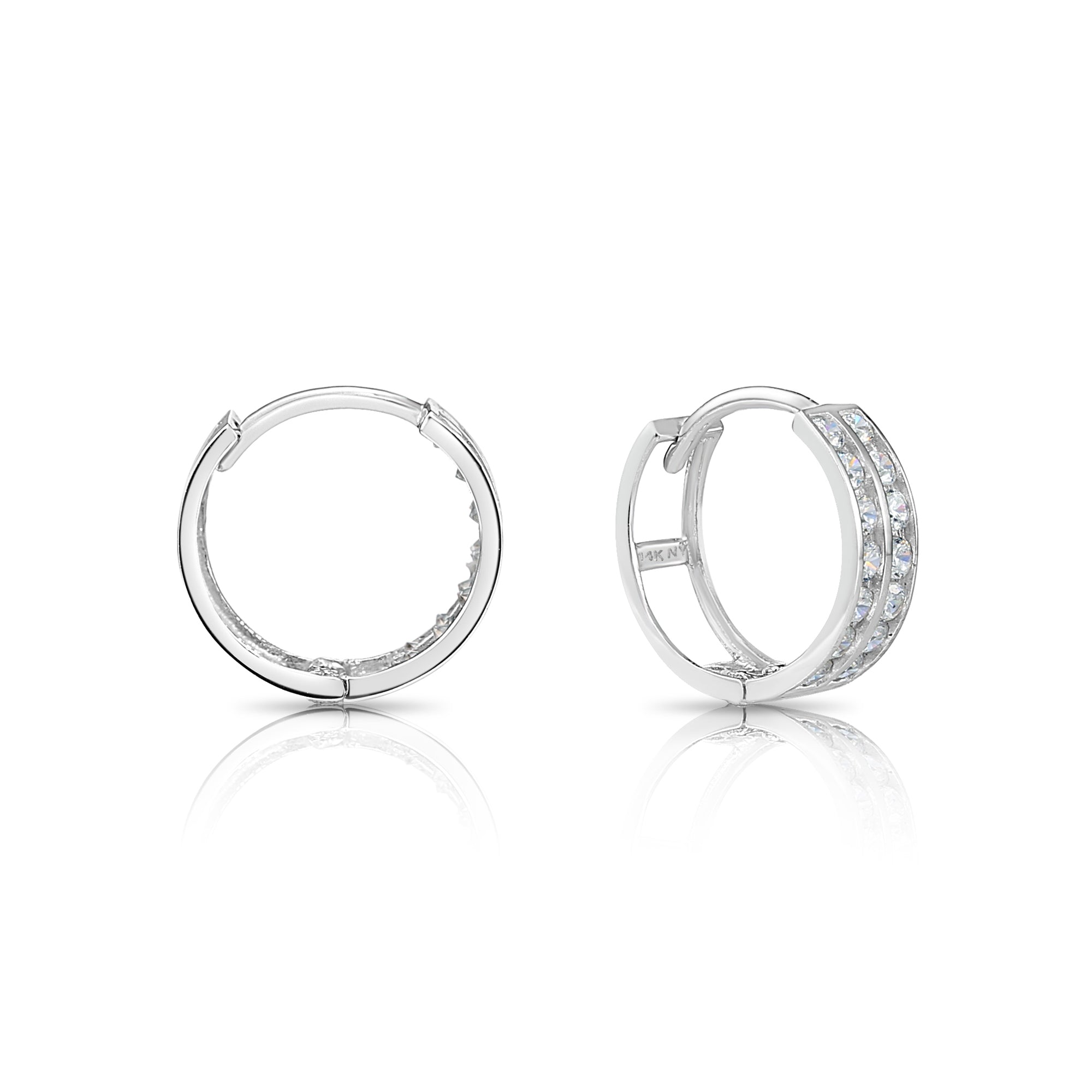 CZ  14K Gold Huggie Earrings, Double Row CZ Hoops