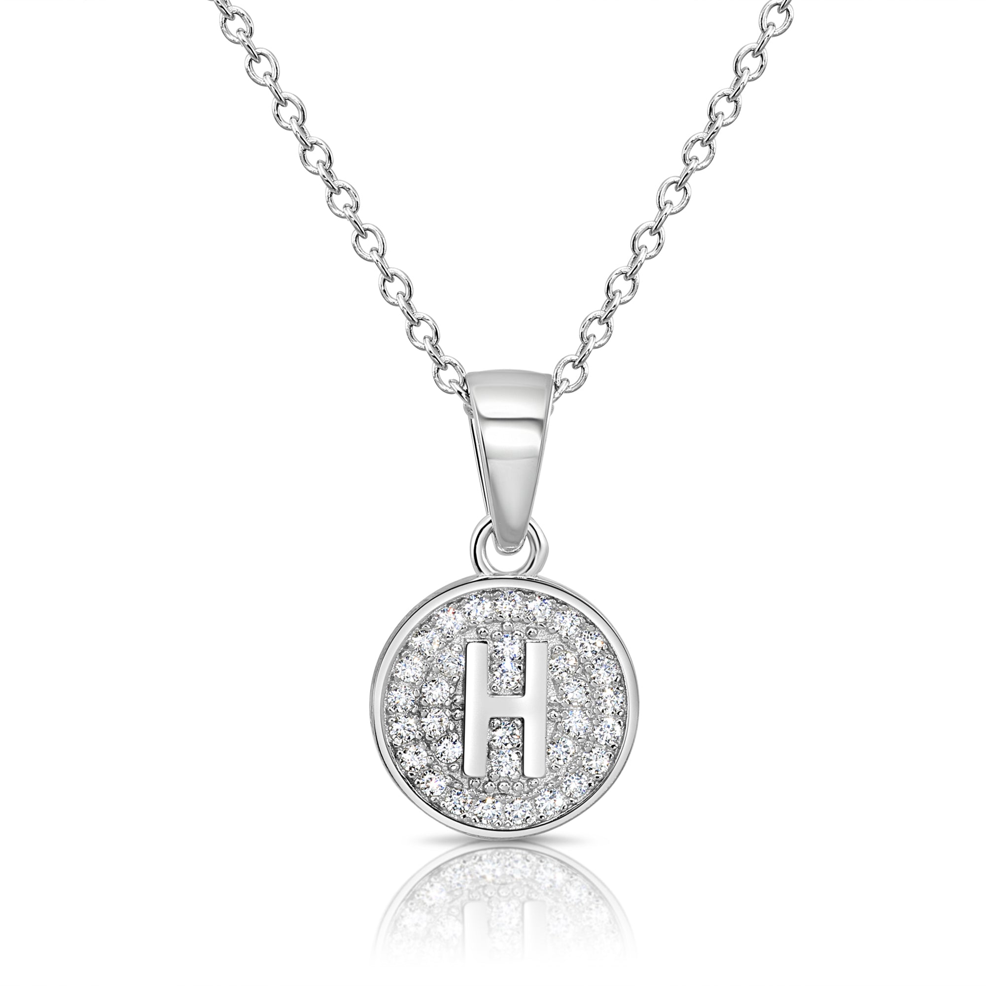 CZ Initial Round Charm Necklace (Letters A-Z) 16&quot; 18&quot; in Sterling Silver