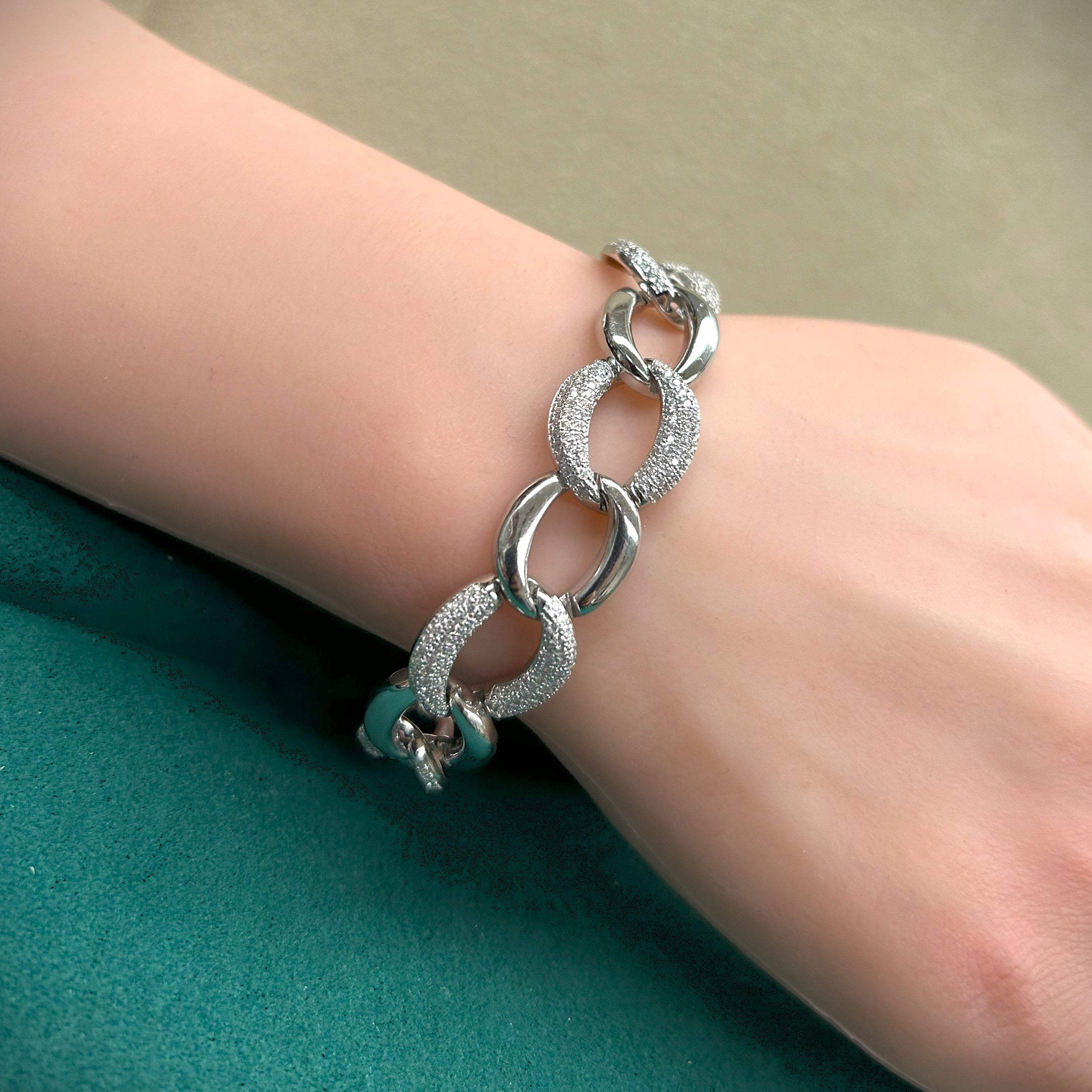 Solid 925 Sterling Silver Cuban Link Bracelet, Set With Pave